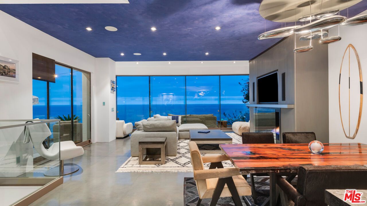 Dining room, Fireplace, Interior, Living room, Recessed Lighting, Water