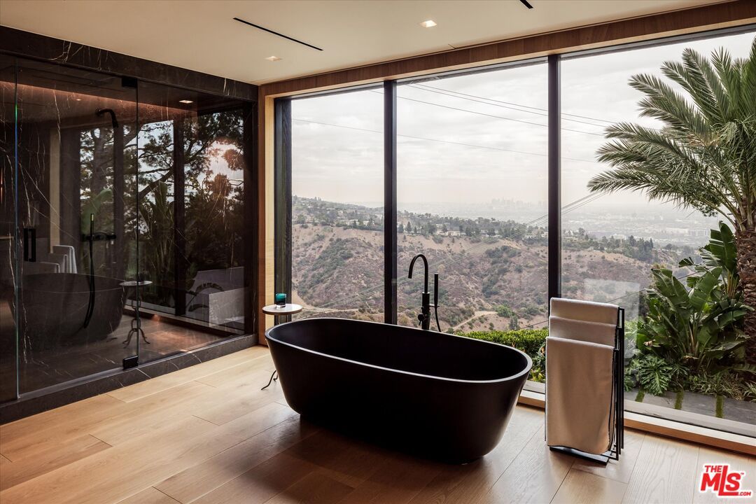 Bathroom, Free Standing Baths, Glass Shower, Interior, Recessed Lighting, Wood Texture Flooring