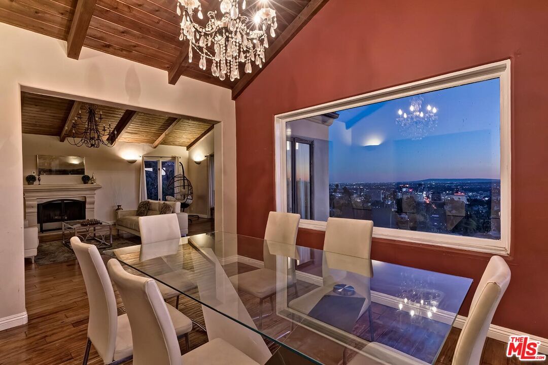 Chandelier, Dining room, Fireplace, Interior, Living room, Wooden Beams, Wooden Ceilings, Wood Texture Flooring