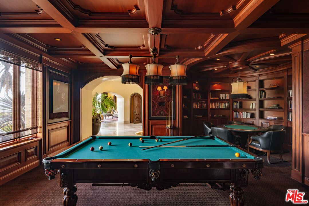 Billiard Table, Chandelier, Game Room, Interior, Recessed Lighting, Wooden Beams