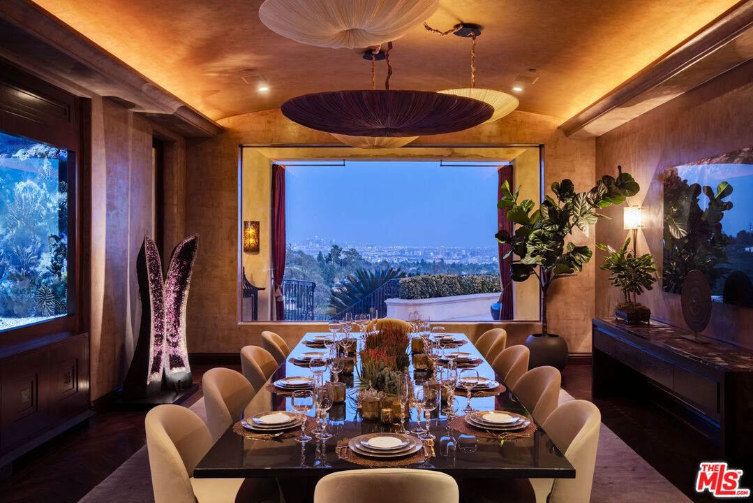 Dining room, Interior, Projection Screen, Recessed Lighting, Wood Texture Flooring