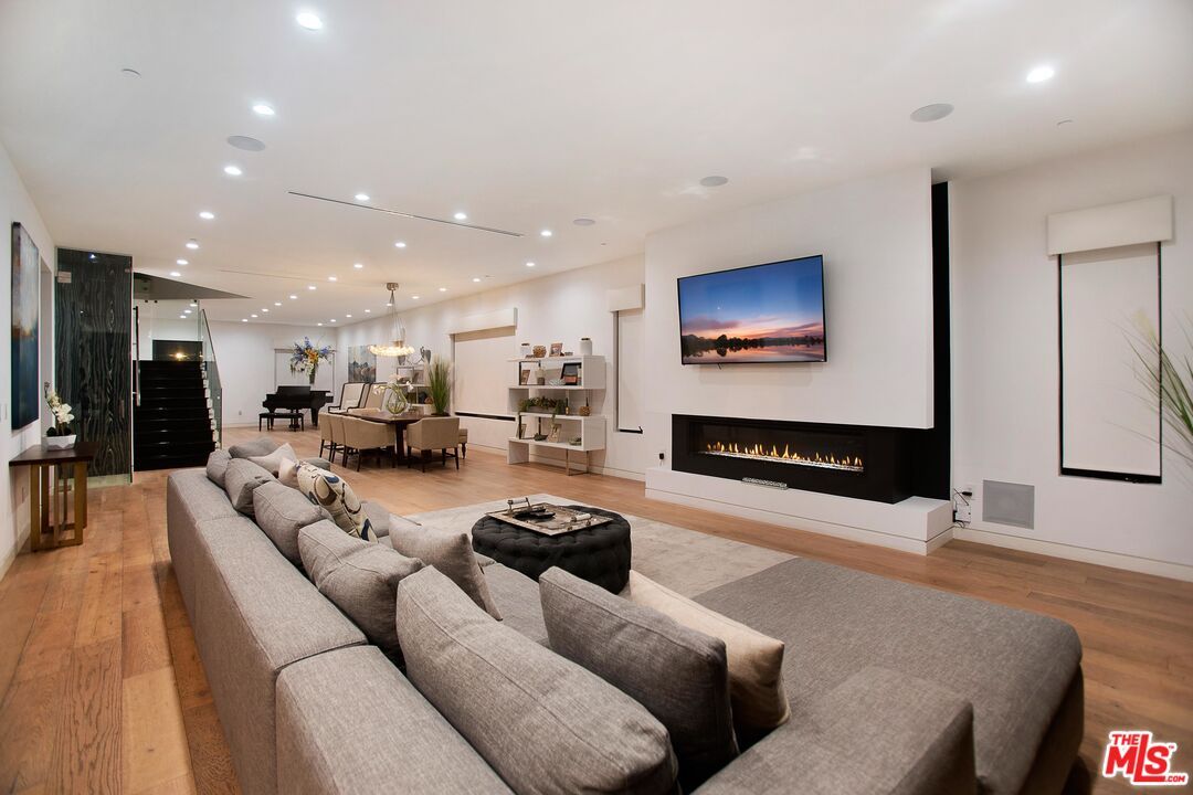 Dining room, Fireplace, Interior, Kitchen, Living room, Pendant Lights, Recessed Lighting, Wood Texture Flooring