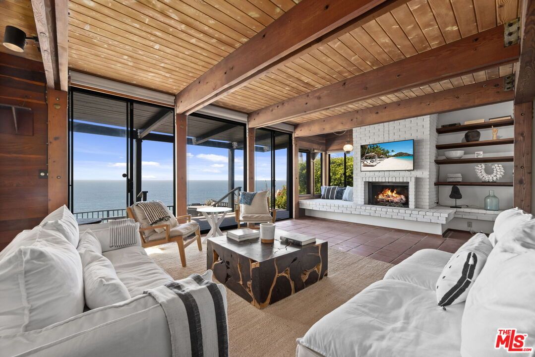 Fireplace, Interior, Living room, Stone Walls, Water, Wooden Beams, Wooden Ceilings