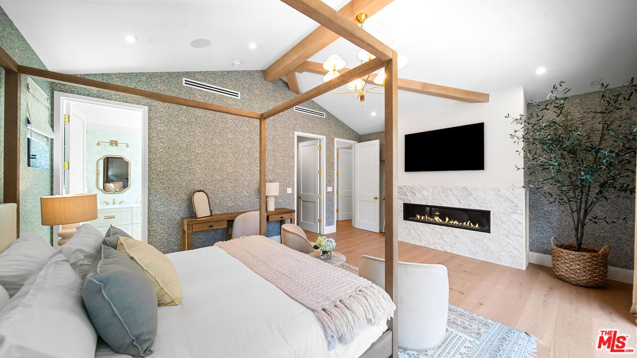 Bedroom, Fireplace, Interior, Recessed Lighting, Wooden Beams, Wood Texture Flooring