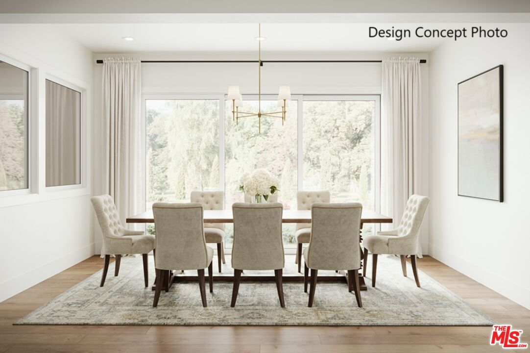 Dining room, Interior, Pendant Lights, Recessed Lighting, Wood Texture Flooring