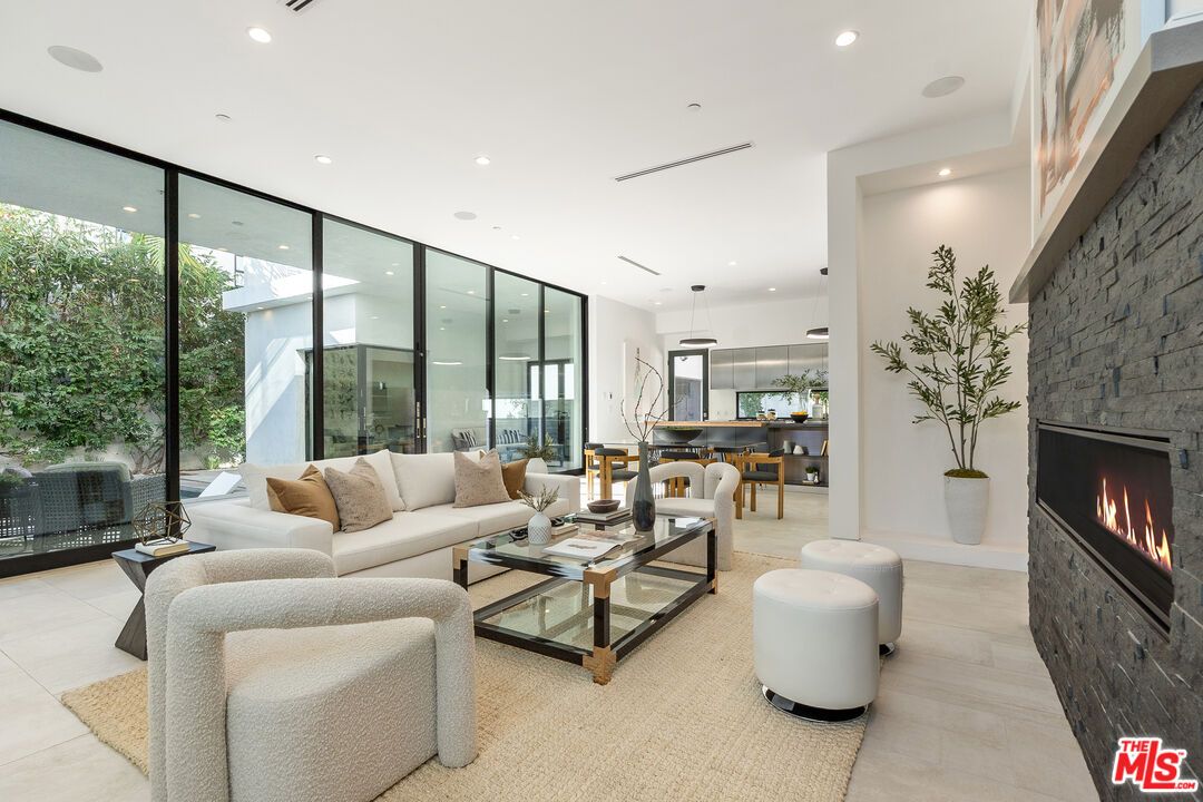 Fireplace, Interior, Living room, Pendant Lights, Recessed Lighting, Stone Walls