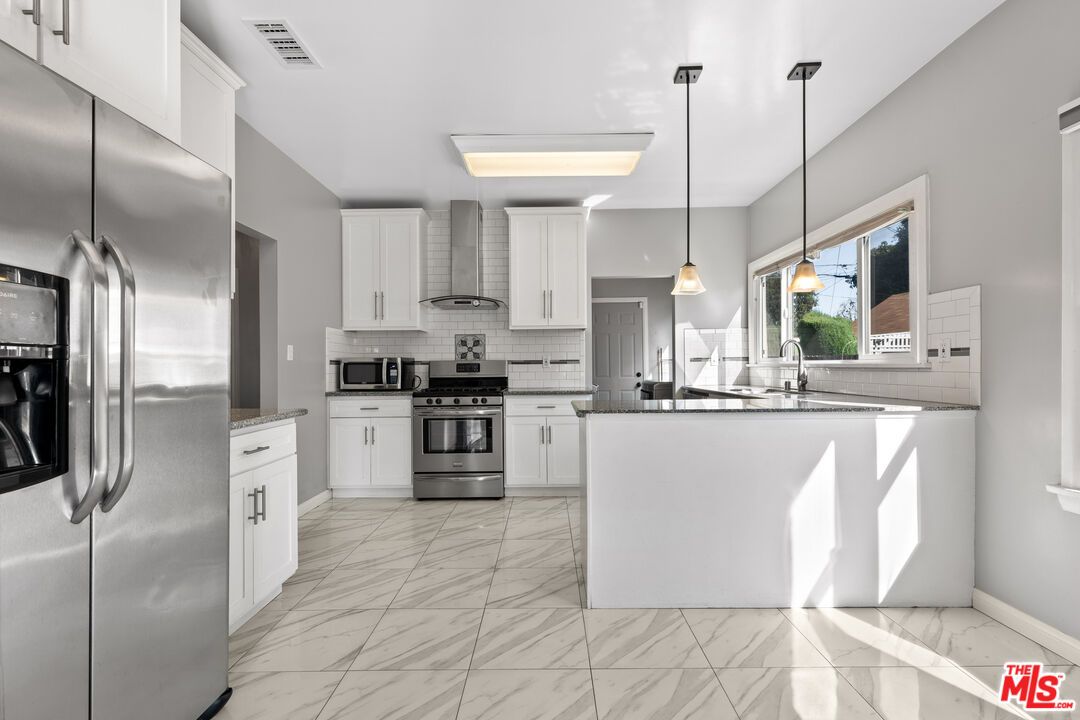 Interior, Kitchen, Marble, Pendant Lights, Stainless Steel Appliances