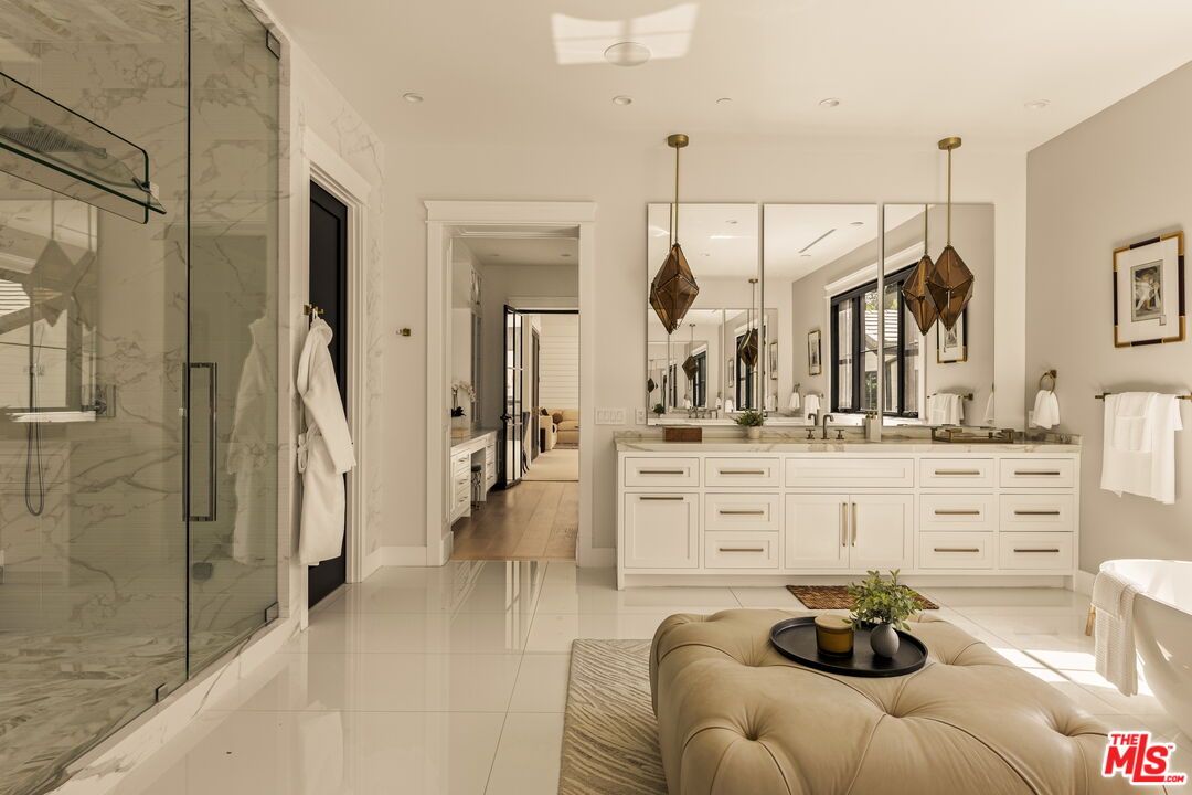 Bathroom, Dual Sink Vanities, Glass Shower, Interior, Marble Walls, Pendant Lights, Recessed Lighting