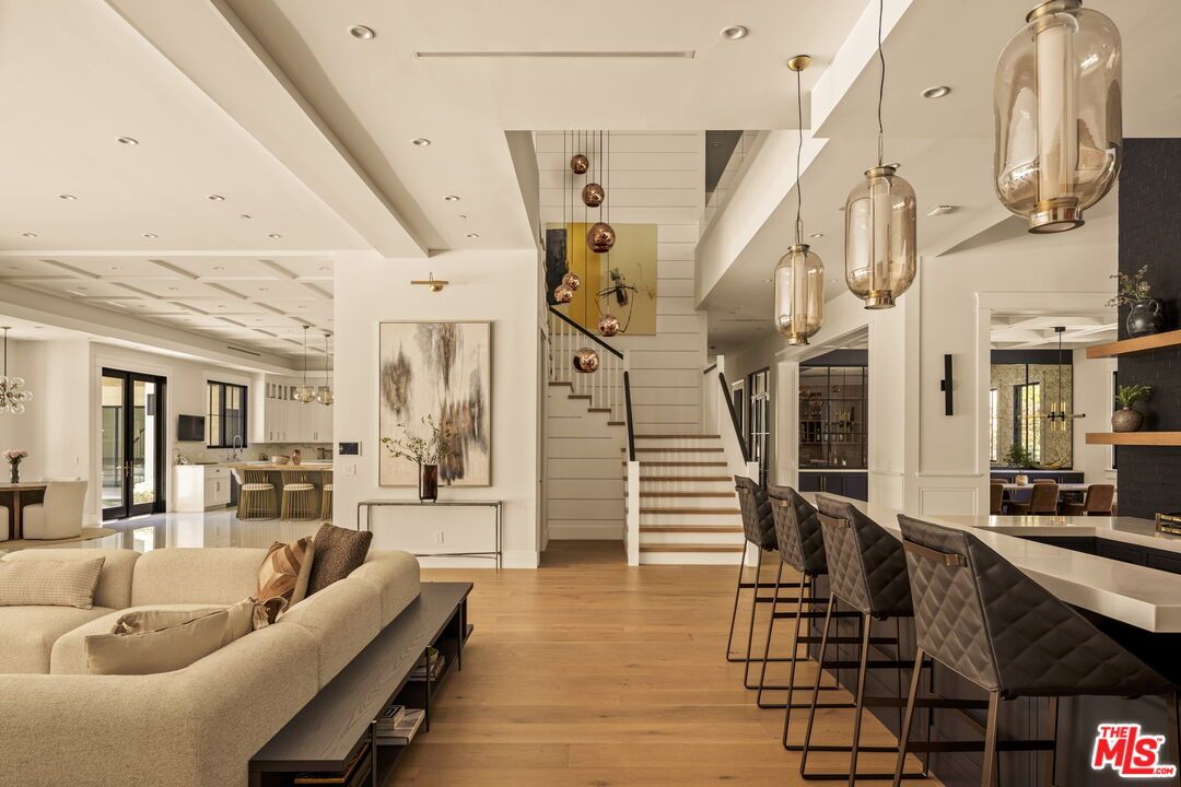 Fireplace, Interior, Kitchen, Living room, Pendant Lights, Recessed Lighting, Wood Texture Flooring