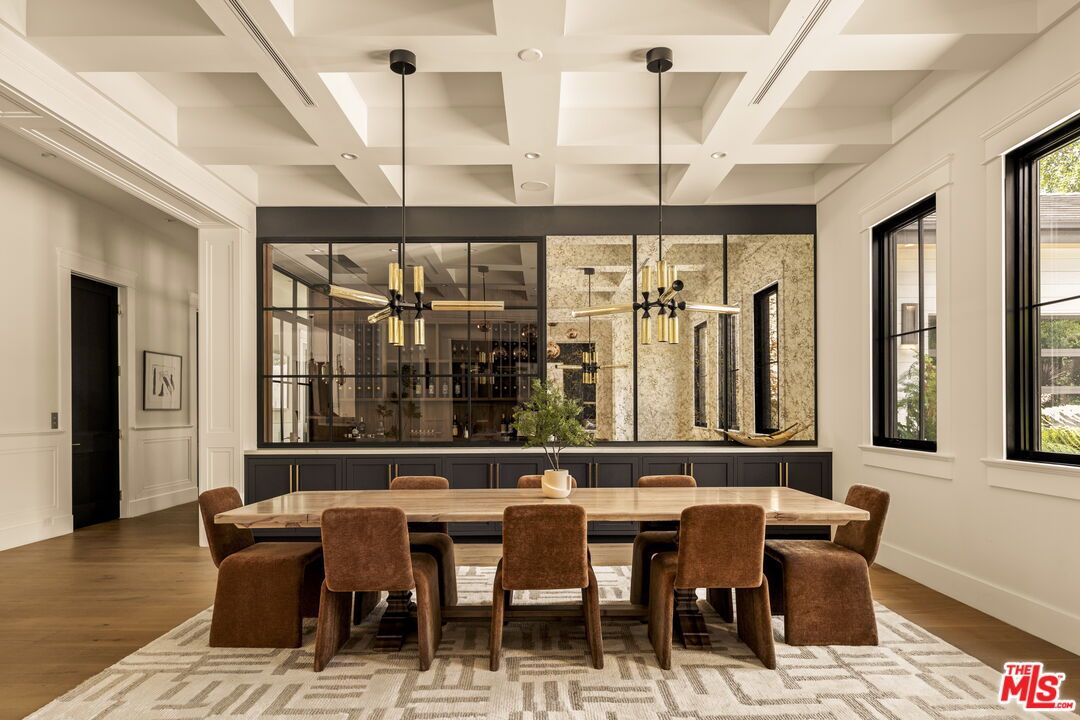 Dining room, Interior, Pendant Lights, Recessed Lighting, Wood Texture Flooring