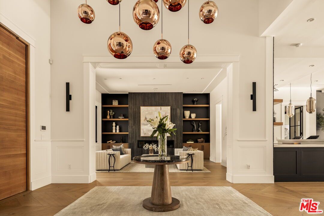 Fireplace, Interior, Pendant Lights, Recessed Lighting, Wood Texture Flooring