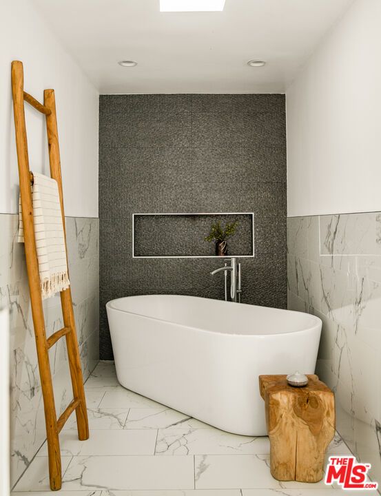 Bathroom, Free Standing Baths, Interior, Marble, Marble Walls, Recessed Lighting