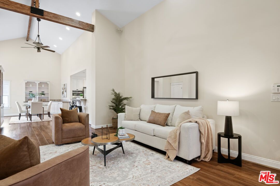 Dining room, Interior, Living room, Pendant Lights, Recessed Lighting, Wooden Beams, Wood Texture Flooring