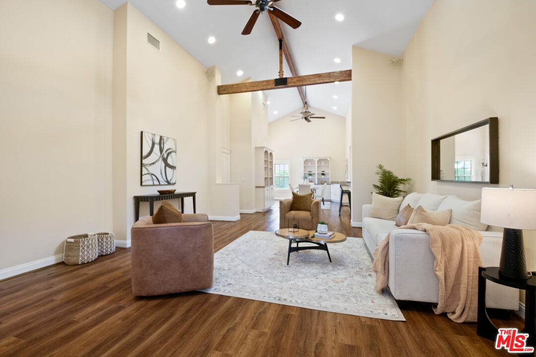 Interior, Living room, Pendant Lights, Recessed Lighting, Wooden Beams, Wood Texture Flooring