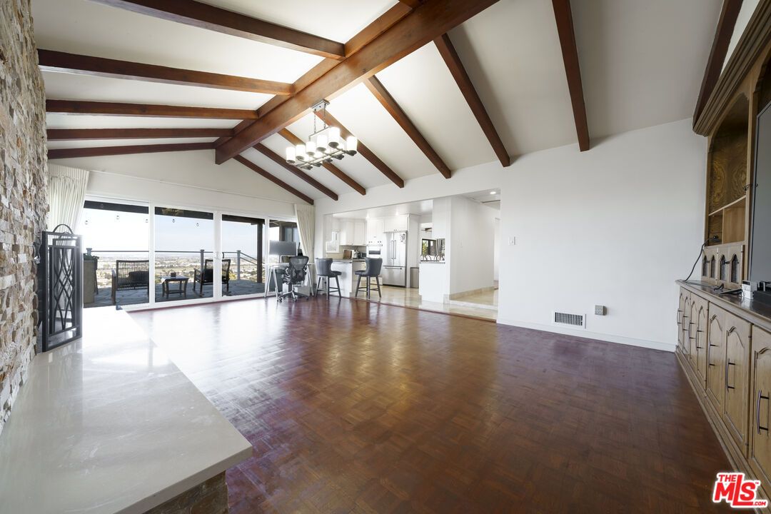 Chandelier, Dining room, Empty room, Fireplace, Interior, Wooden Beams, Wood Texture Flooring