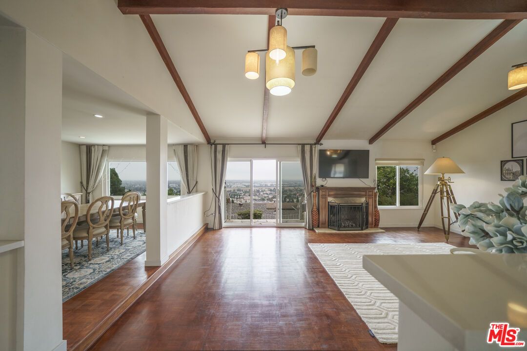 Dining room, Fireplace, Interior, Recessed Lighting, Wooden Beams, Wood Texture Flooring