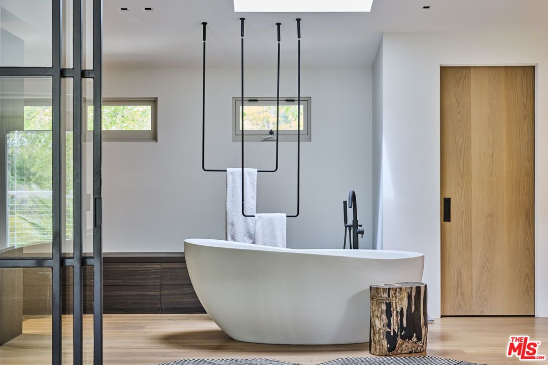 Bathroom, Free Standing Baths, Interior, Recessed Lighting, Wood Texture Flooring