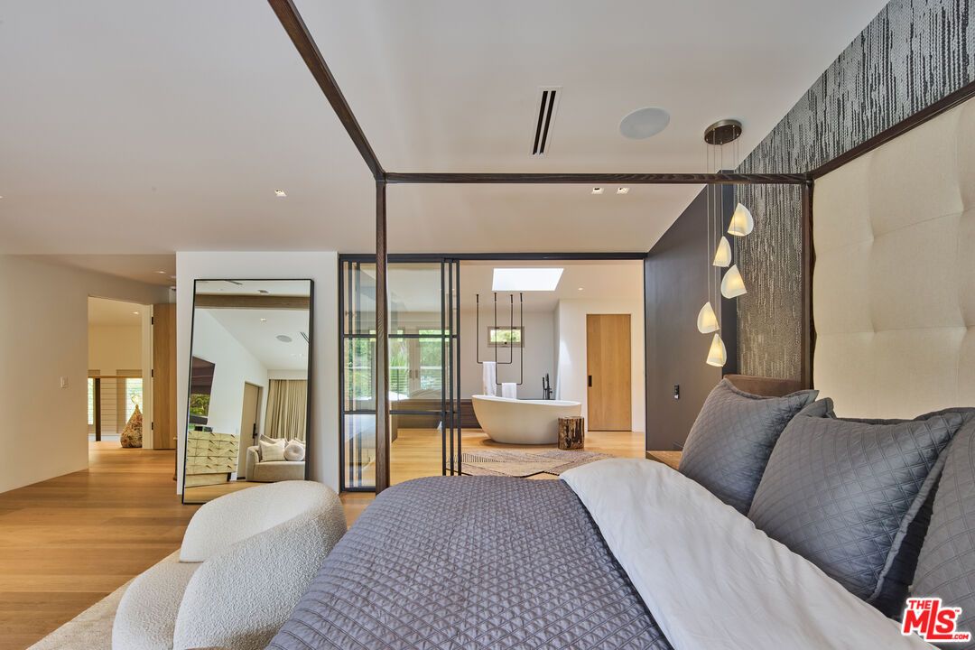 Bedroom, Interior, Pendant Lights, Recessed Lighting, Wood Texture Flooring