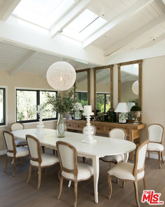 Dining room, Interior, Pendant Lights, Wood Texture Flooring