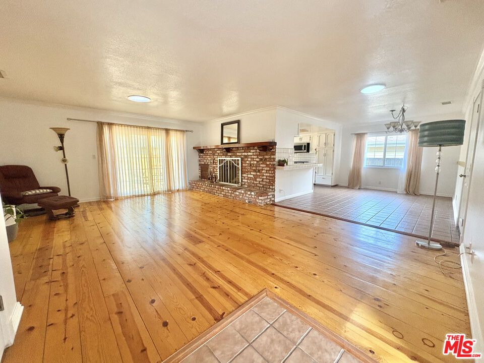 Empty room, Fireplace, Interior, Kitchen, Wood Texture Flooring