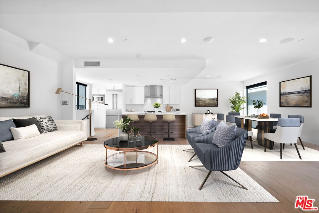 Dining room, Interior, Kitchen, Living room, Recessed Lighting, Stainless Steel Appliances, Wood Texture Flooring