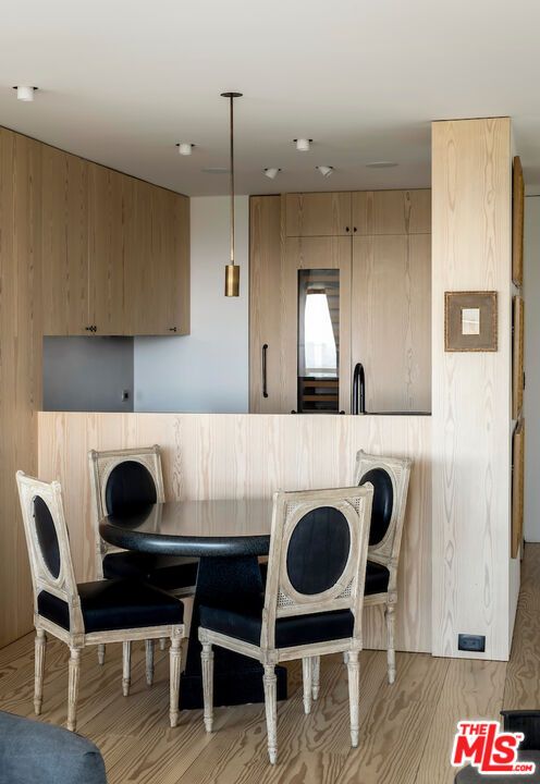 Dining room, Interior, Pendant Lights, Wood Texture Flooring, Wooden Walls