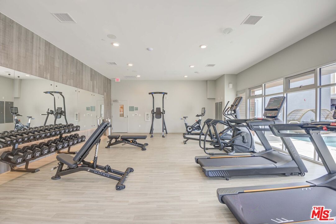 Fitness Equipment, Gym, Interior, Recessed Lighting, Wood Texture Flooring