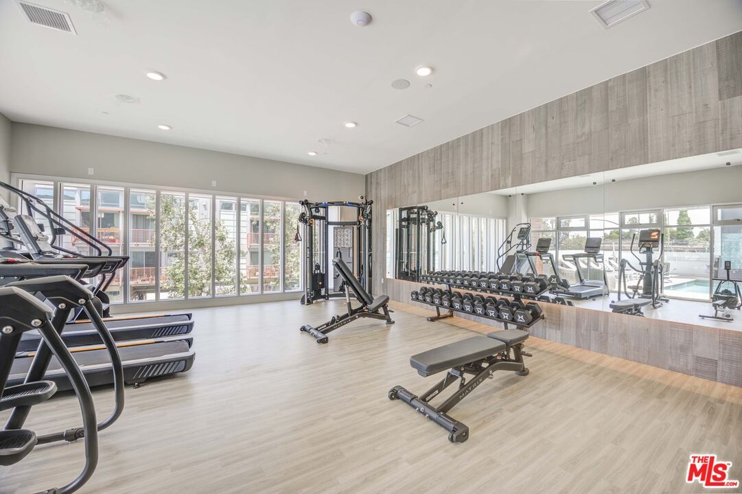 Fitness Equipment, Gym, Interior, Recessed Lighting, Wood Texture Flooring