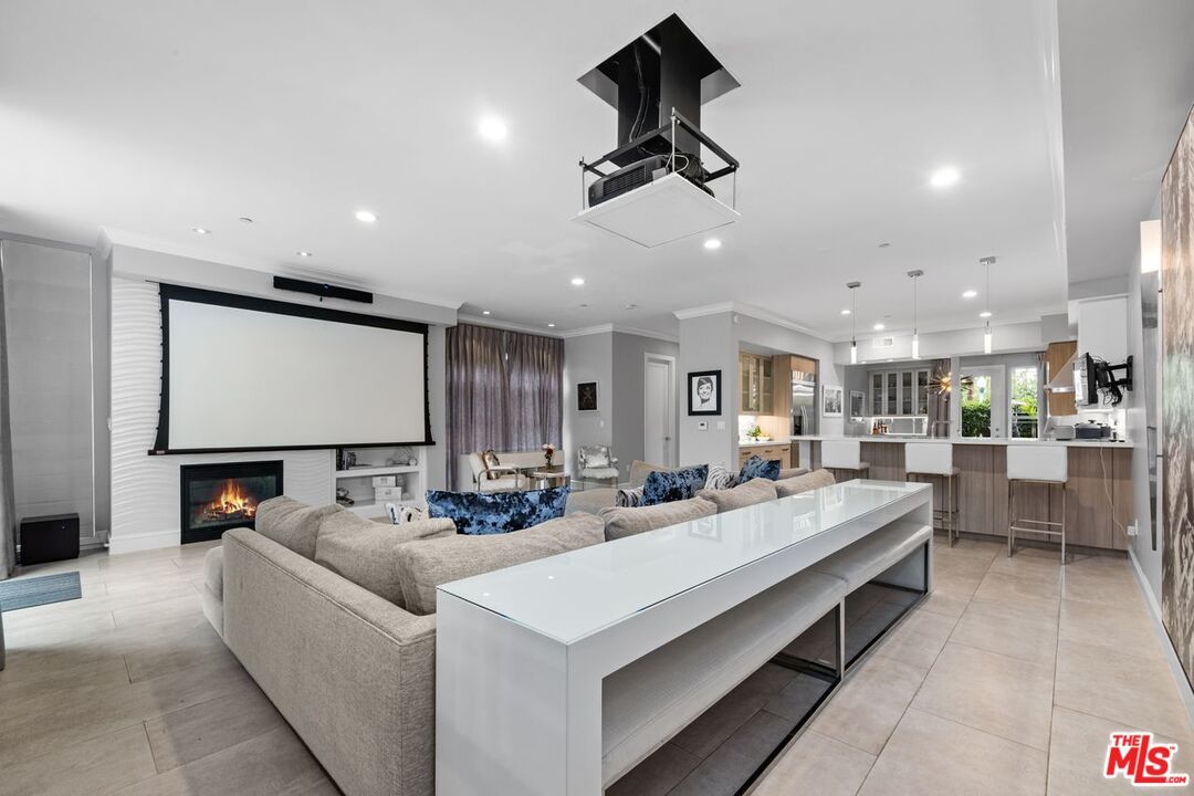 Fireplace, Interior, Kitchen, Living room, Pendant Lights, Projection Screen, Recessed Lighting