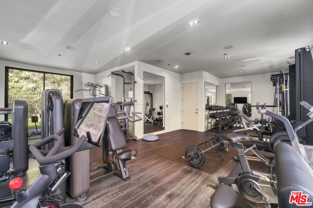 Fitness Equipment, Gym, Interior, Recessed Lighting, Wood Texture Flooring
