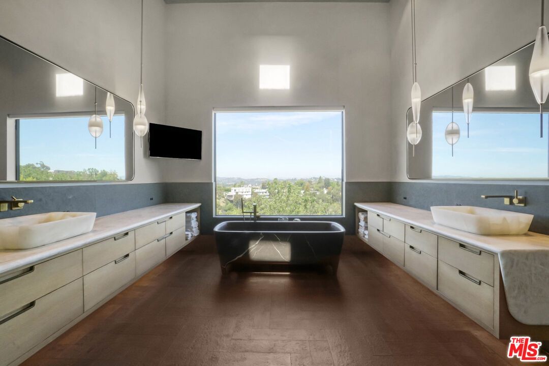 Bathroom, Dual Sink Vanities, Free Standing Baths, Interior, Pendant Lights, Wood Texture Flooring