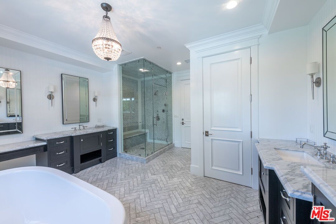 Bathroom, Chandelier, Dual Sink Vanities, Glass Shower, Interior, Recessed Lighting