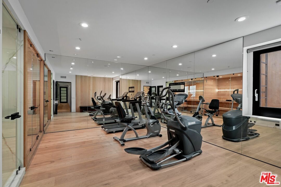 Fitness Equipment, Gym, Interior, Recessed Lighting, Wood Texture Flooring