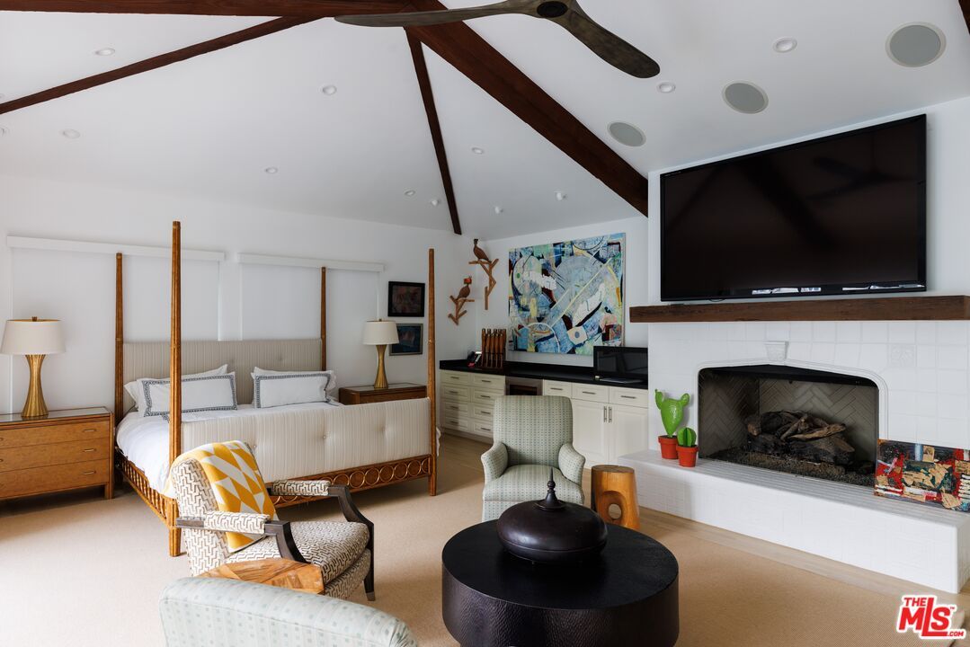 Bedroom, Fireplace, Interior, Recessed Lighting, Wooden Beams