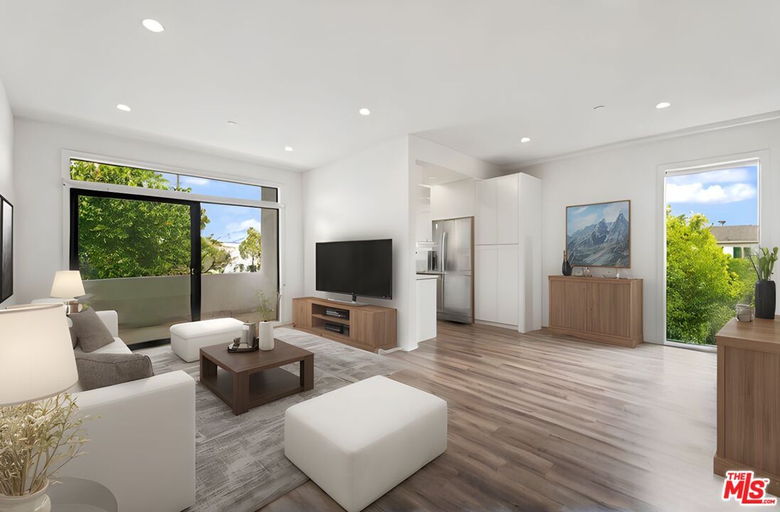 Interior, Living room, Recessed Lighting, Stainless Steel Appliances, Wood Texture Flooring
