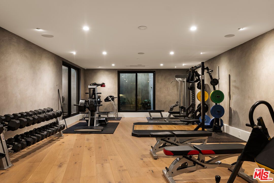 Fitness Equipment, Gym, Interior, Recessed Lighting, Wood Texture Flooring