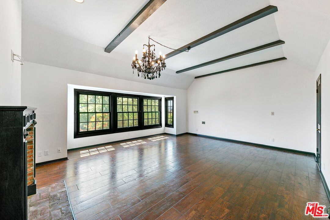 Chandelier, Empty room, Interior, Recessed Lighting, Wooden Beams, Wood Texture Flooring