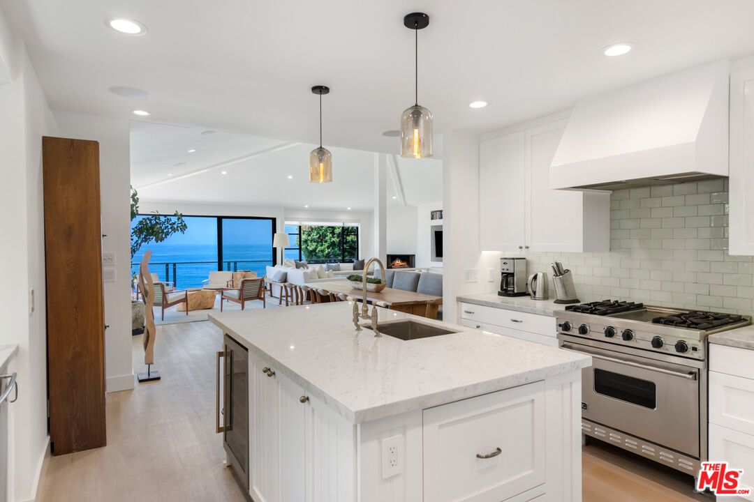 Interior, Kitchen, Pendant Lights, Recessed Lighting, Stainless Steel Appliances, Water, Wood Texture Flooring