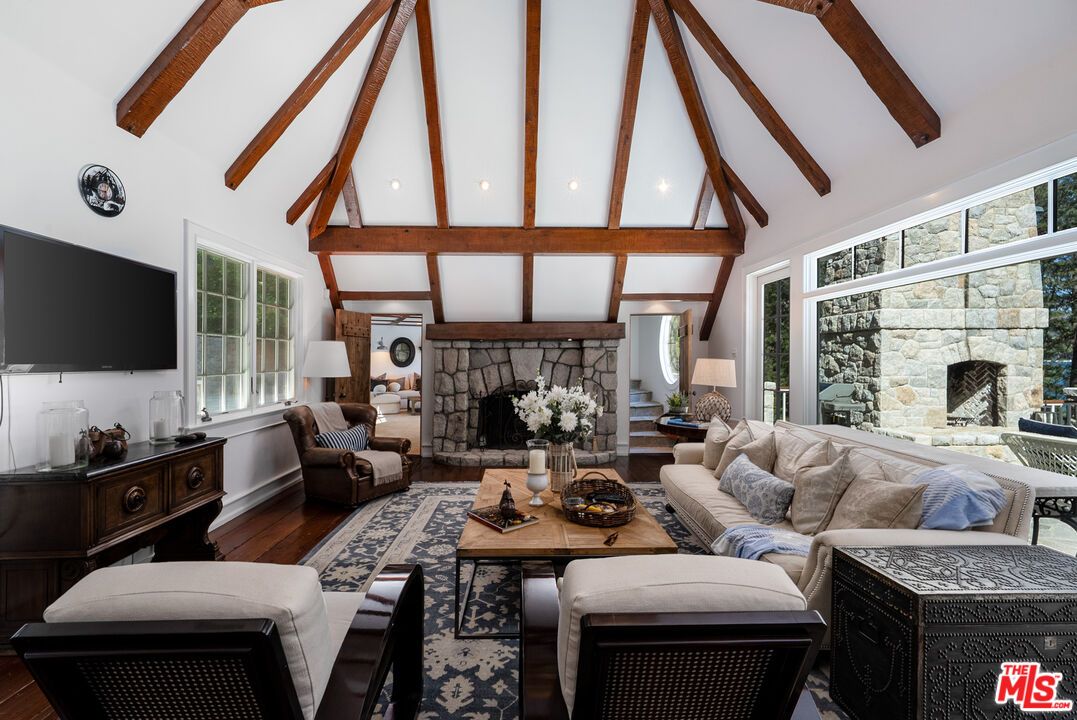 Fireplace, Interior, Living room, Recessed Lighting, Wooden Beams, Wood Texture Flooring