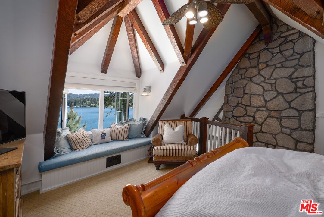 Bedroom, Interior, Stone Walls, Water, Wooden Beams
