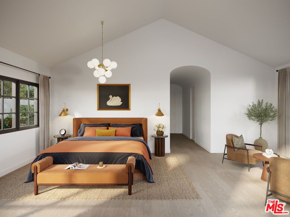 Bedroom, Interior, Pendant Lights, Wood Texture Flooring