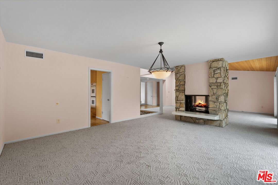 Empty room, Fireplace, Interior, Pendant Lights, Stone Walls