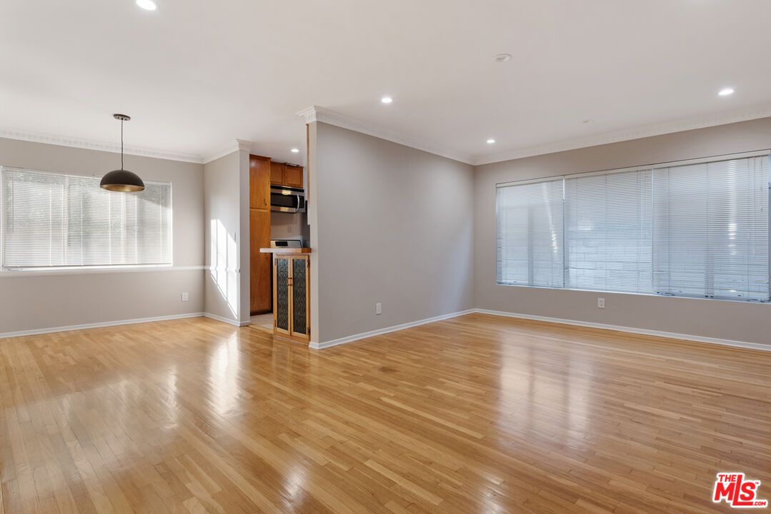 Empty room, Interior, Kitchen, Pendant Lights, Recessed Lighting, Wood Texture Flooring