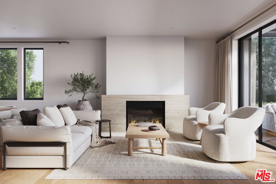 Fireplace, Interior, Living room, Recessed Lighting, Wood Texture Flooring