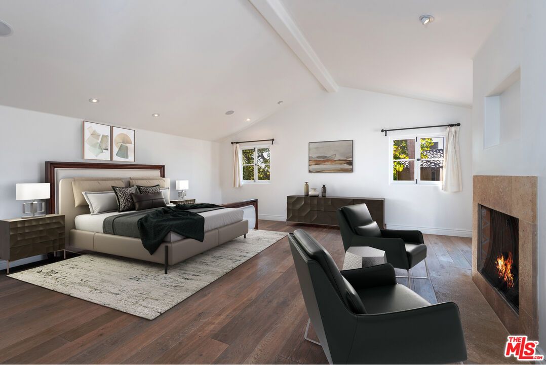 Bedroom, Fireplace, Interior, Recessed Lighting, Wood Texture Flooring