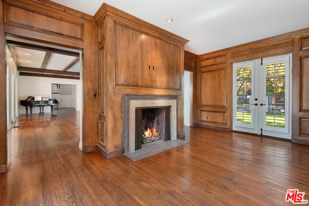 Empty room, Fireplace, Interior, Piano, Recessed Lighting, Wood Texture Flooring, Wooden Walls