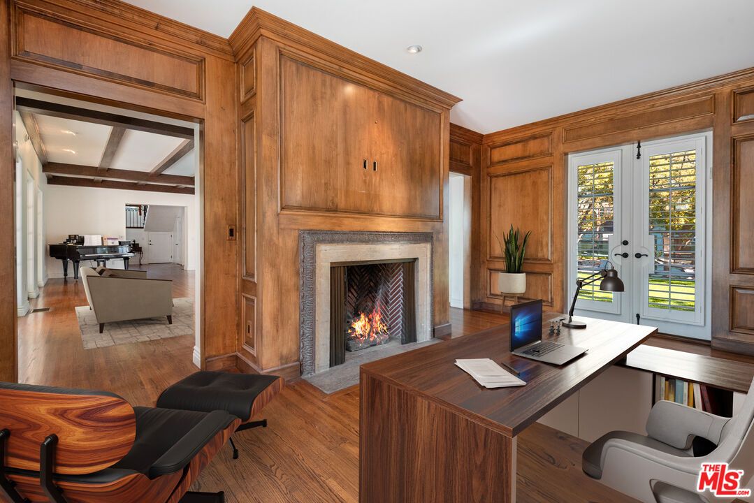 Fireplace, Home Office, Interior, Recessed Lighting, Wood Texture Flooring, Wooden Walls