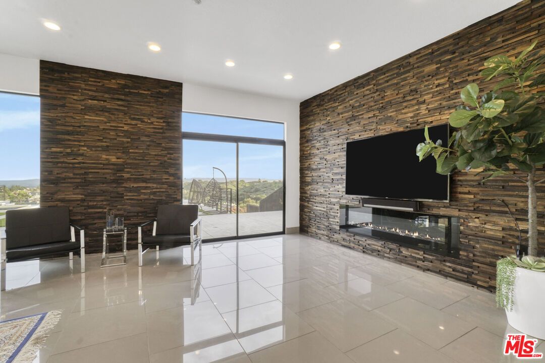 Fireplace, Interior, Recessed Lighting, Stone Walls, Wooden Walls