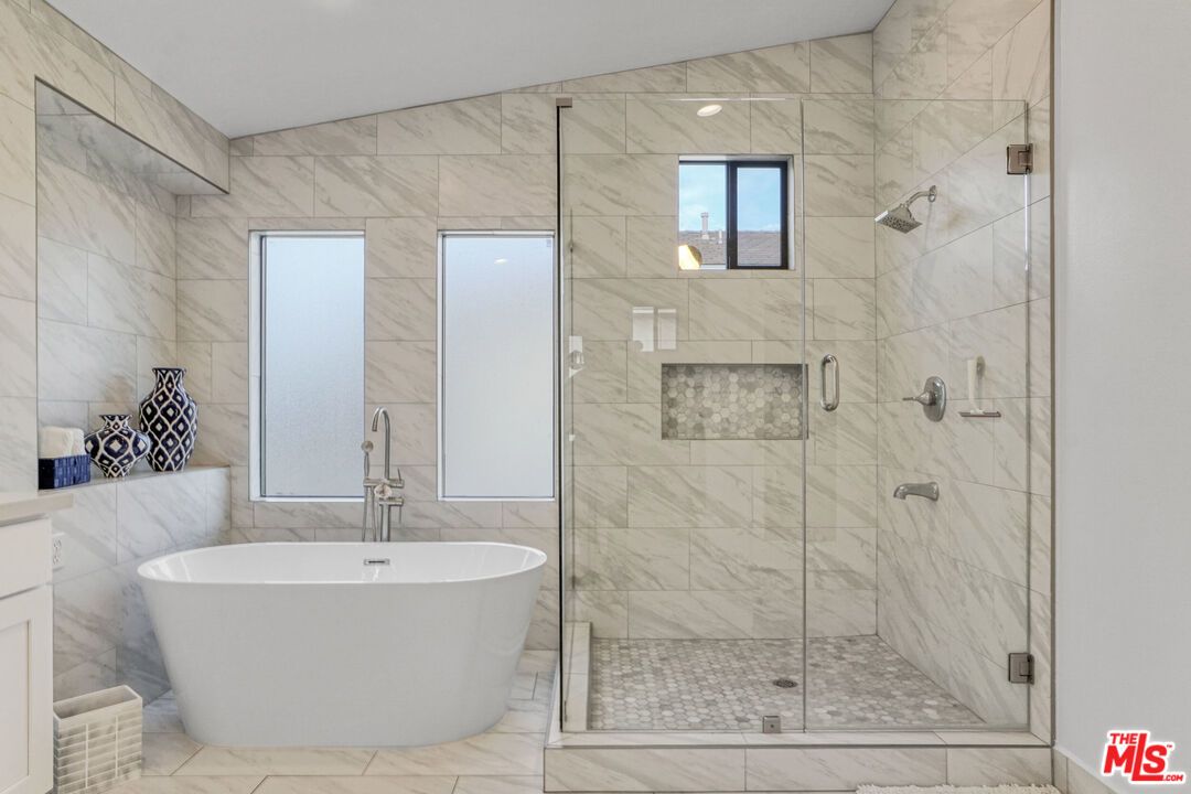 Bathroom, Free Standing Baths, Glass Shower, Interior, Marble, Marble Walls, Recessed Lighting