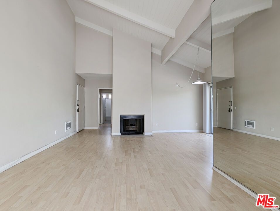 Empty room, Fireplace, Interior, Pendant Lights, Wood Texture Flooring